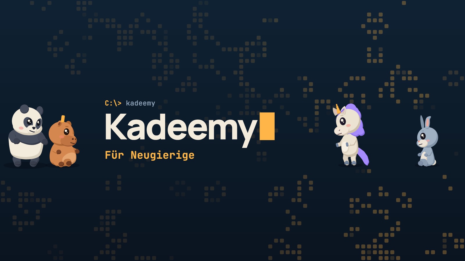 Der Kanal-Banner: der Schriftzug Kadeemy mit vier Tierfiguren auf Nachtblau